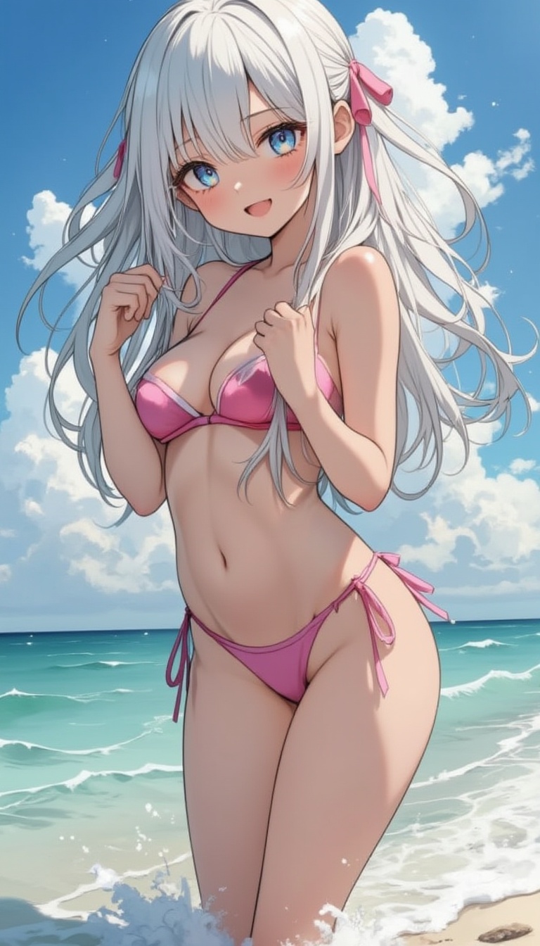 A stunning masterpiece! A beautiful young girl with white hair and piercing blue eyes stands shyly by the ocean's edge,  b...