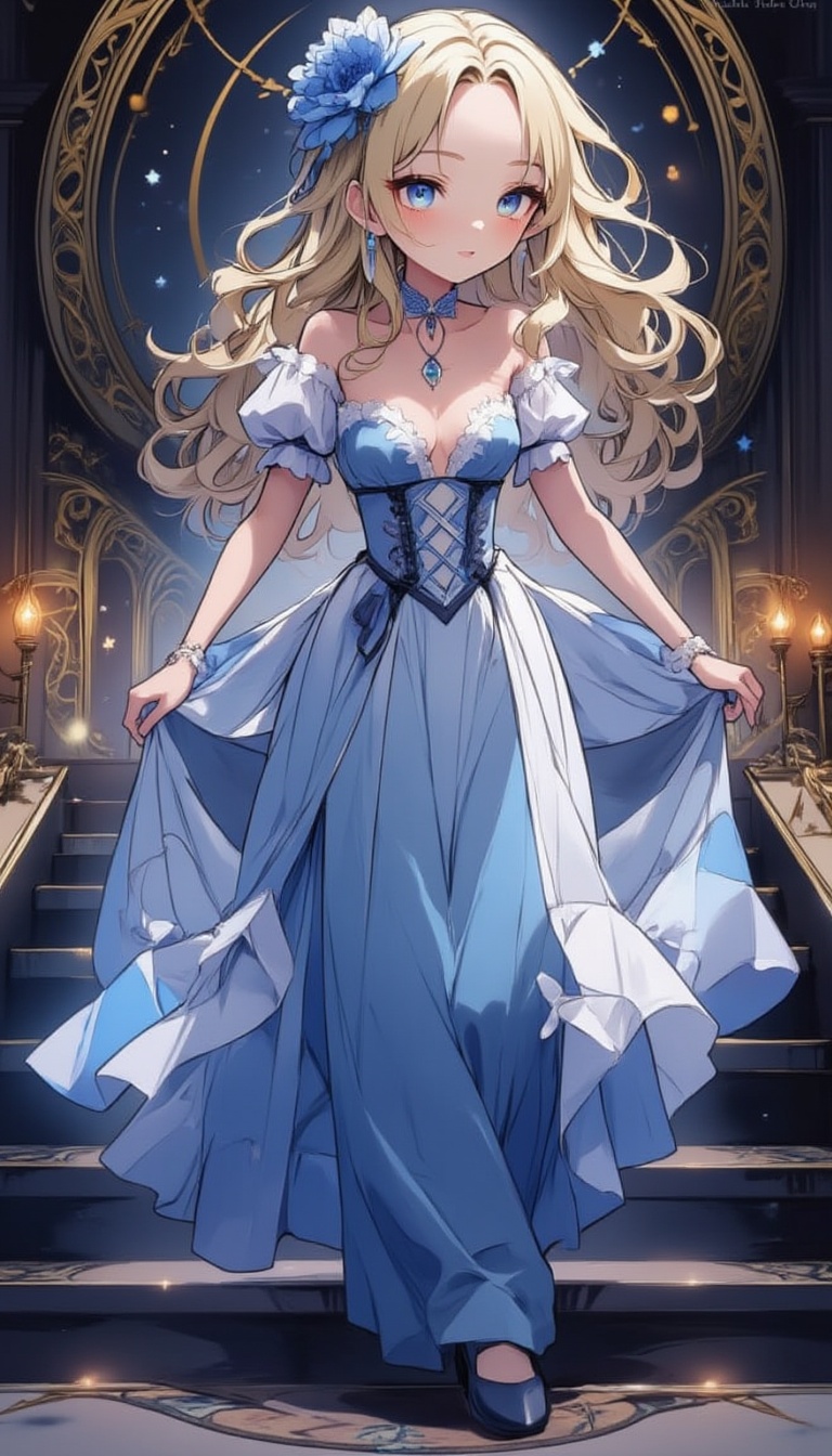 A majestic anime heroine descends the grand staircase,  surrounded by an ethereal glow. Her stunning starry sky dress with...