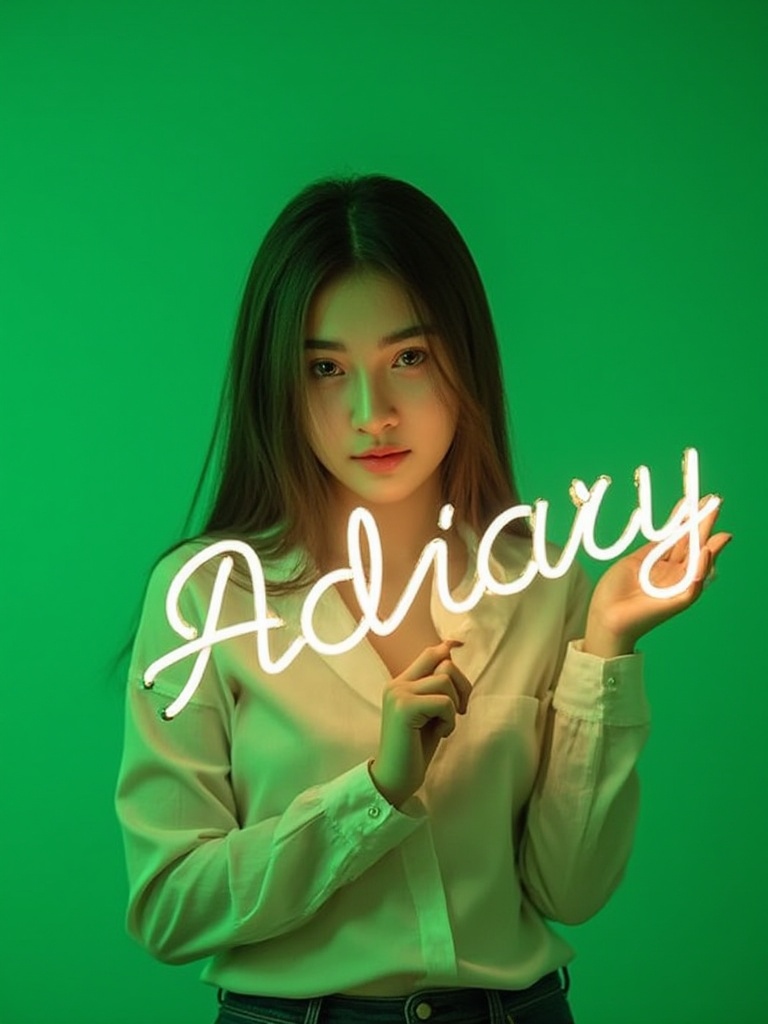 Thai girl with green simple background holding neon sign ‘Aidiary’ on Tensor.Art