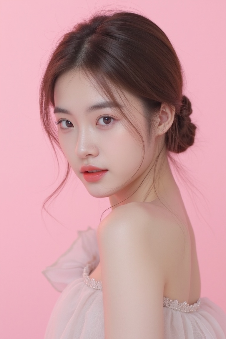 Profile portrait of Korean girl,  YG,  simple pink pastel background on Tensor.Art