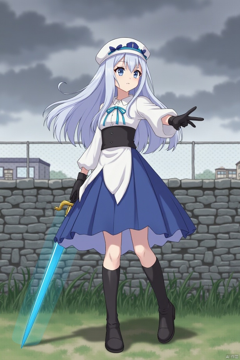 An animated image of a girl with long white hair and blue eyes. She is wearing a white and blue dress with a black belt around her waist. She has black boots on her feet and black gloves on her hands. Her hair is blowing in the wind and she is holding a sword in her right hand. The sword is a bright blue color. Behind her is a gray brick wall with green grass growing on it. Behind the wall is a white fence and behind the fence are buildings. The sky is filled with dark gray clouds.