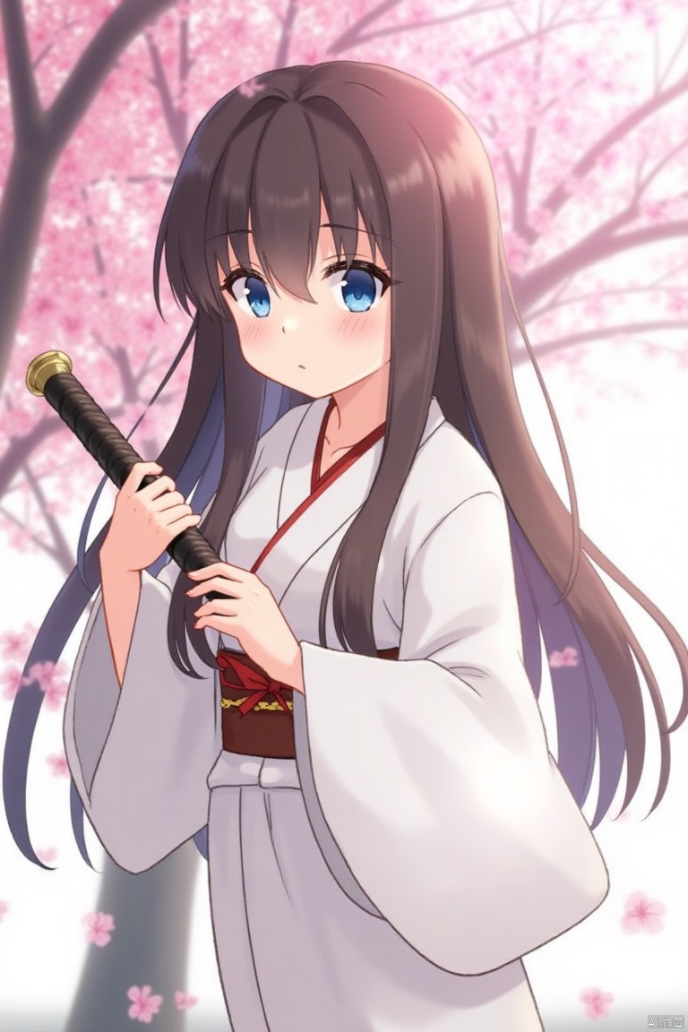 A girl with long dark brown hair, wearing a white kimono, adorned with a brown belt and a red bow. She is holding a sword in her right hand, with her left hand resting on the handle of the sword. Her eyes are a piercing blue, adding a pop of color to the scene. The background is blurred, revealing a tree with pink flowers.