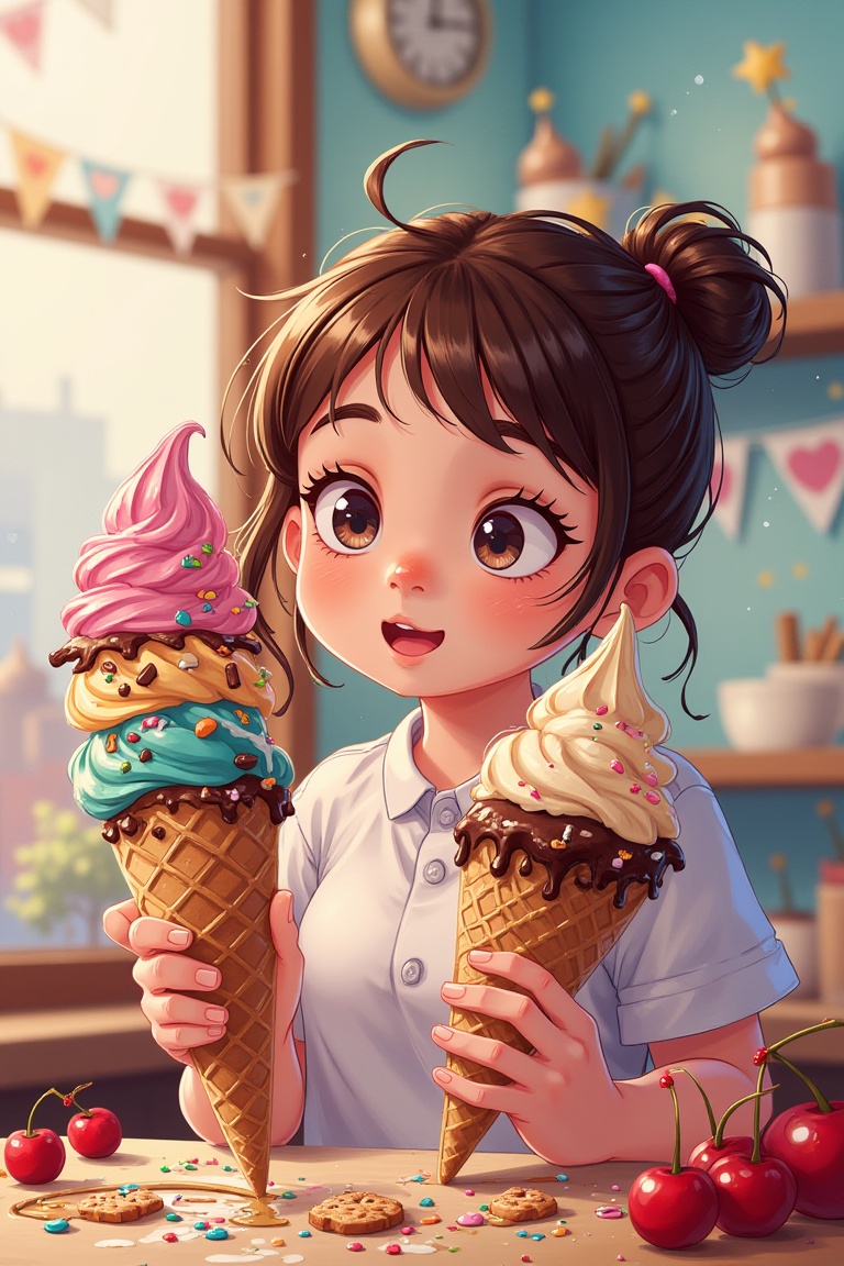 a girl fantasizing about eating some ice cream, craving, an ice cream parlor showcasing beautiful icecream cones of all kinds of flavors and sizes. decorated with cherries, banana splits, brownies with vanilla ice cream, choco-mint, choco chips, sprinkles, rainbow sprinkles, melting ice cream delicious, yummy, caramelized, caramel, syrup pastelmix,kidz
