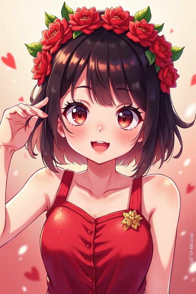 (masterpiece),(best quality:1.0), (ultra highres:1.0), detailed illustration, 8k, anime, 1girl, beautiful girl, wearing a red dress, flower crown, pretty face, detailed face, beautiful eyes, detailed eyes, dark red eyes, bright red lips, red lipstick, beautiful stylish hair, highlights in hair, bangs anime style, best quality, vibrant 
kidz
