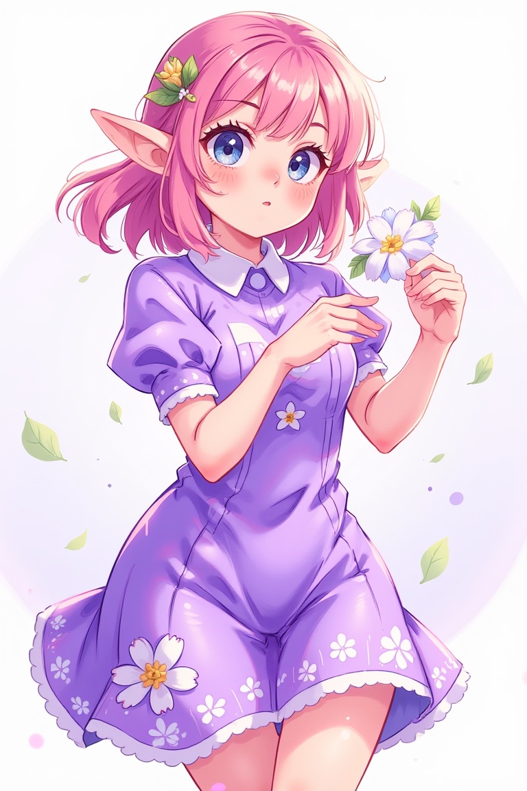 anime girl with pink hair and blue eyes in a purple dress, holding a pudica pose, elf girl wearing an flower suit, coloured line art, in dress, colored lineart, cute anime waifu in a nice dress, soft anime illustration, flat anime style shading, splash art anime , ayaka genshin impact, anime moe artstyle pastelmix,kidz
