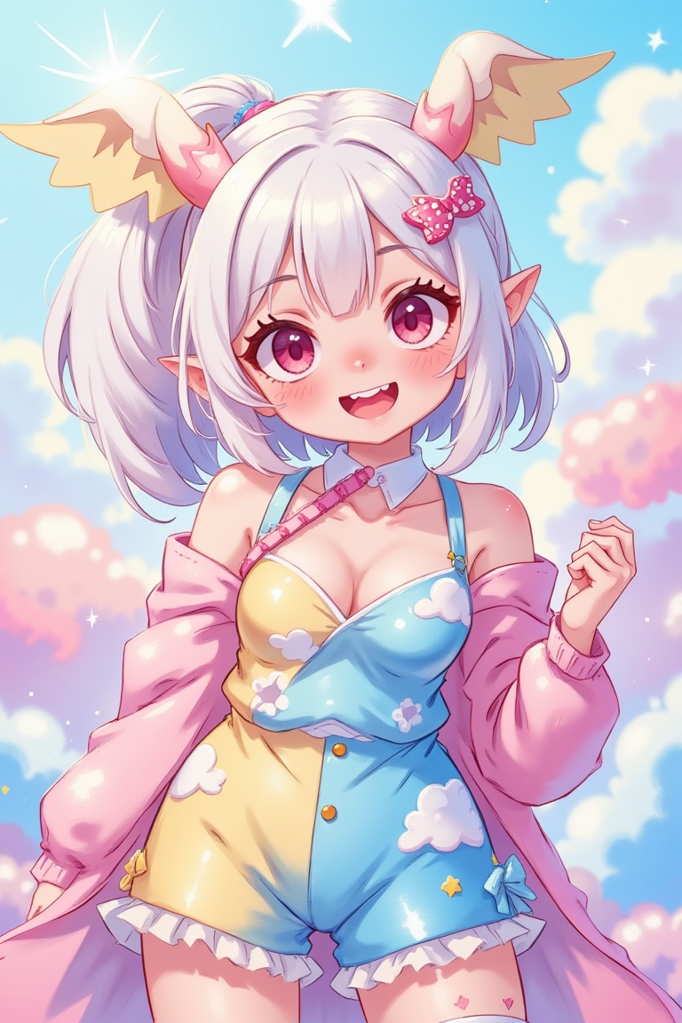 "kawaii, cute, adorable woman with pink, yellow, and baby blue color scheme. She is dressed in sky-themed clothes made out of clouds and sky motifs. Her outfit is fluffy and soft, with decora accessories like hairclips. She embodies the vibrant and trendy Harajuku fashion style." White hair, red eyes, horns, demon wings, big ,big ass, big lips, juicy lips, huge hair, smile pastelmix,kidz

