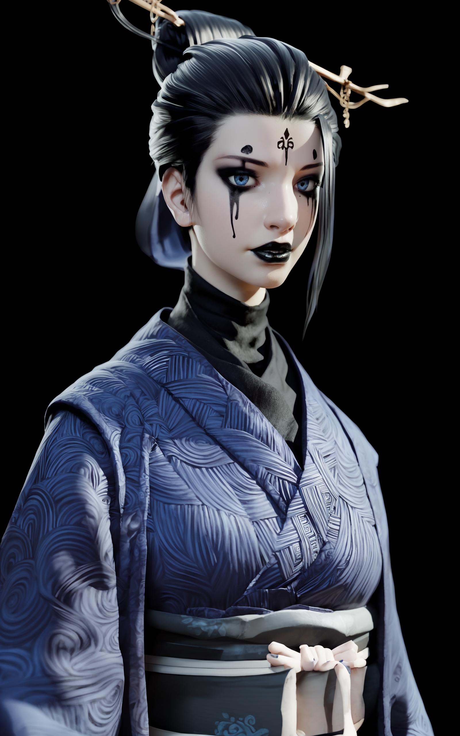 score_9, score_8_up, score_7_up, 8k, best quality, masterpiece, (ultra-detailed), solo, upper body:1.1), looking at viewer, black  background, horror \(theme\), simple background, <lora:zzsimei2-pony-Tanger:0.7>, zzsimei, Fourth daughter, Navy blue Hanfu, long sleeves, black lips, makeup, facial mark, by heishenhua, game cg, solo, black hair, hair stick, 1girl, sash, Heavy black makeup, realistic, kimono,  cold light, cool tone, moonlight, depth of field, dynamic angle, top to knees view, (fingernails,nail_polish,black_nails), <lora:Turquoise Style LoRA_Pony XL v6:0.25>, traditional media, realistic, 