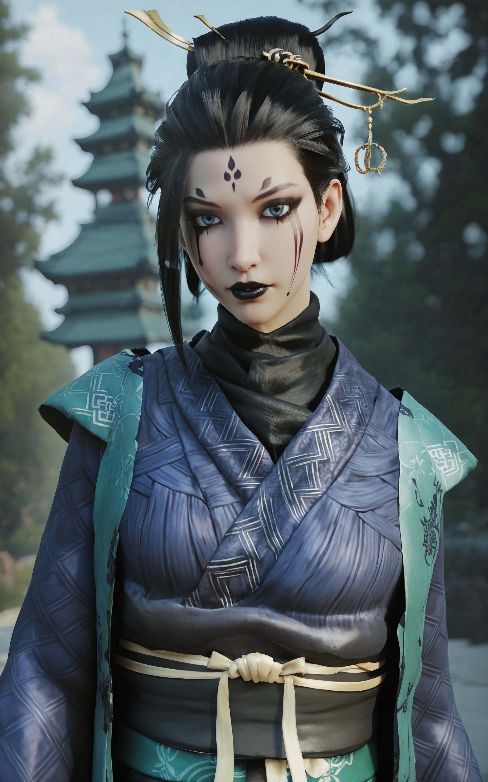 score_9, score_8_up, score_7_up, 8k, best quality, masterpiece, (ultra-detailed), solo, upper body:1.1), looking at viewer, <lora:zzsimei2-pony-Tanger:0.7>, zzsimei, Fourth daughter, Navy blue Hanfu, long sleeves, black lips, makeup, facial mark, by heishenhua, game cg, solo, black hair, hair stick, 1girl, sash, Heavy black makeup, realistic, kimono, cold light, cool tone, moonlight, depth of field, dynamic angle, top to knees view, (fingernails,nail_polish,black_nails), <lora:Turquoise Style LoRA_Pony XL v6:0.25>, traditional media, realistic, 