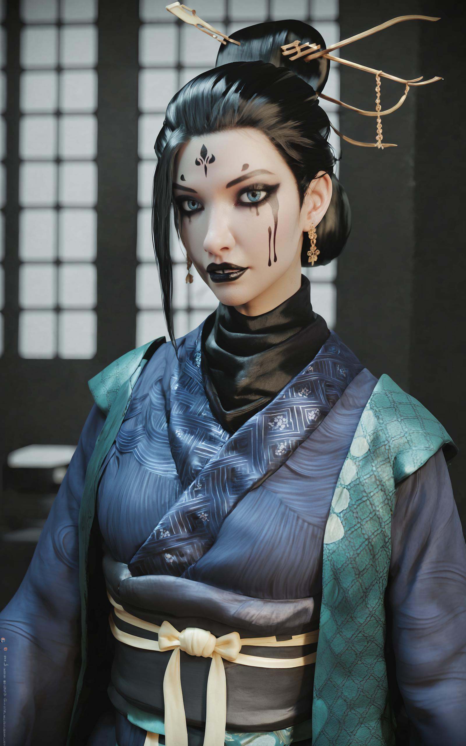 score_9, score_8_up, score_7_up, 8k, best quality, masterpiece, (ultra-detailed), solo, upper body:1.1), looking at viewer, <lora:zzsimei2-pony-Tanger:0.7>, zzsimei, Fourth daughter, Navy blue Hanfu, long sleeves, black lips, makeup, facial mark, by heishenhua, game cg, solo, black hair, hair stick, 1girl, sash, Heavy black makeup, realistic, kimono, cold light, cool tone, moonlight, depth of field, dynamic angle, top to knees view, (fingernails,nail_polish,black_nails), <lora:Turquoise Style LoRA_Pony XL v6:0.25>, traditional media, realistic, 