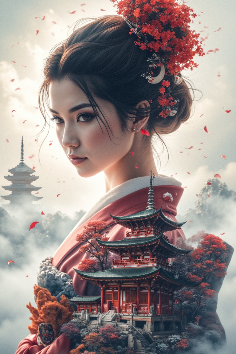 masterpiece,  double exposure,  image of a Japanese shrine maiden on Tensor.Art