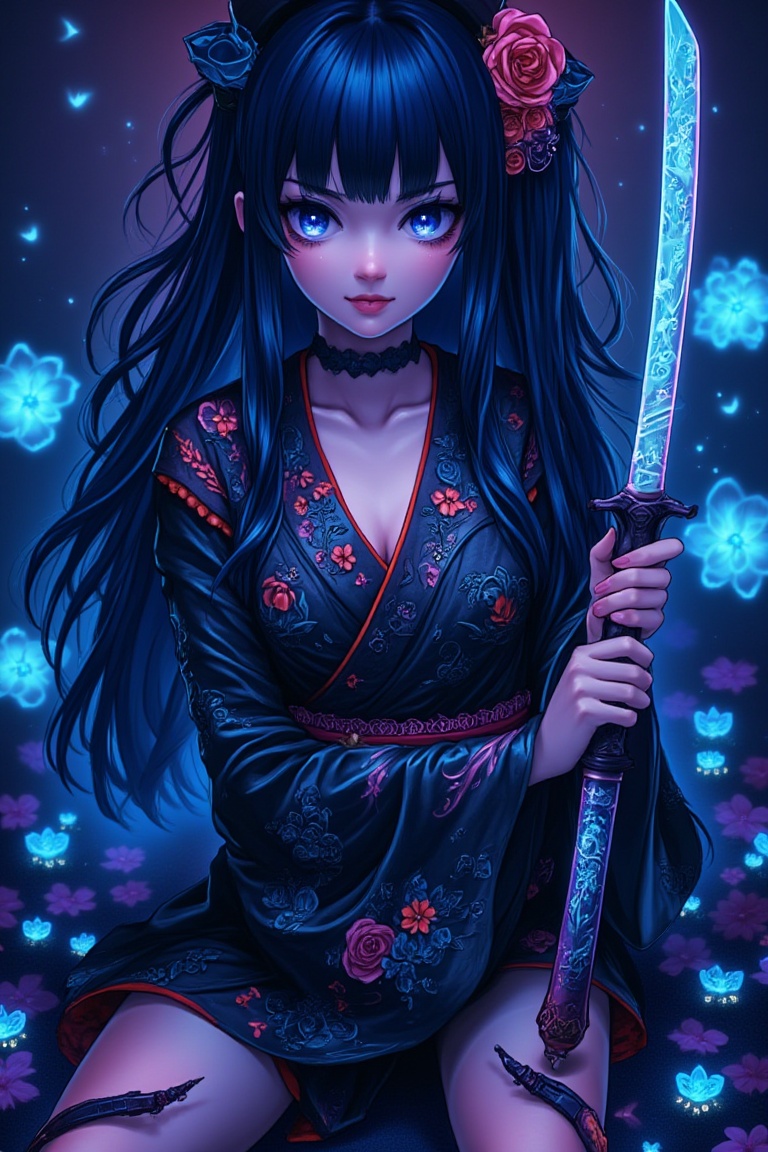 Best quality,  neon light,  a beautiful girl wearing intricate detailed black kimono holding an iridescence glowing katana...