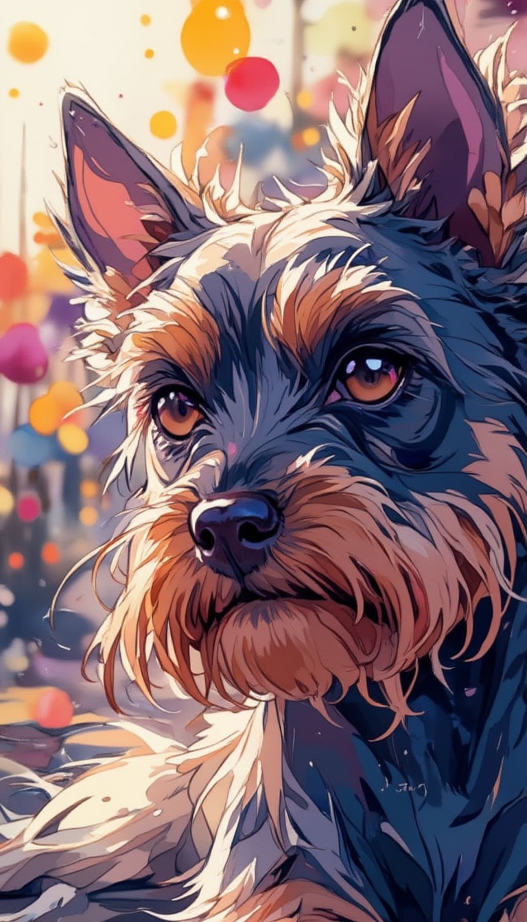A mesmerizing,  close-up depiction of a a miniature schnauzer's piercing gaze,  set against a vibrant watercolor backgroun...