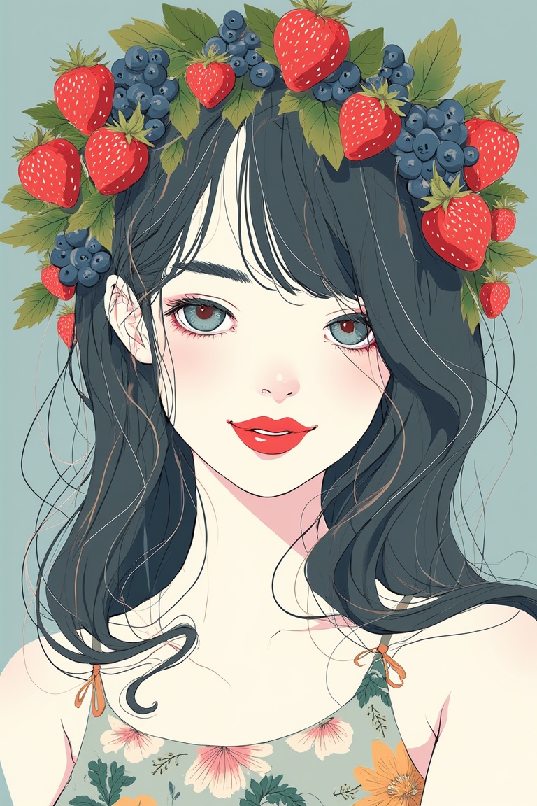 Soft focus close-up on a young woman's face,  wreath-adorned,  with a camisole featuring leafy and floral patterns. Her br...