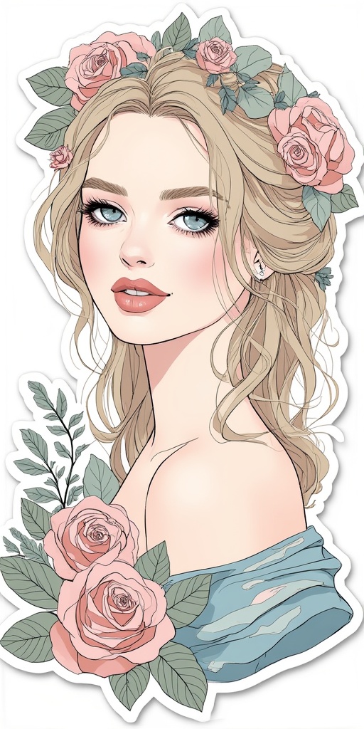 Generate a sticker design featuring a waist high portrait,  blue eyes ,  peach lips by epiphany2k20 on Tensor.Art