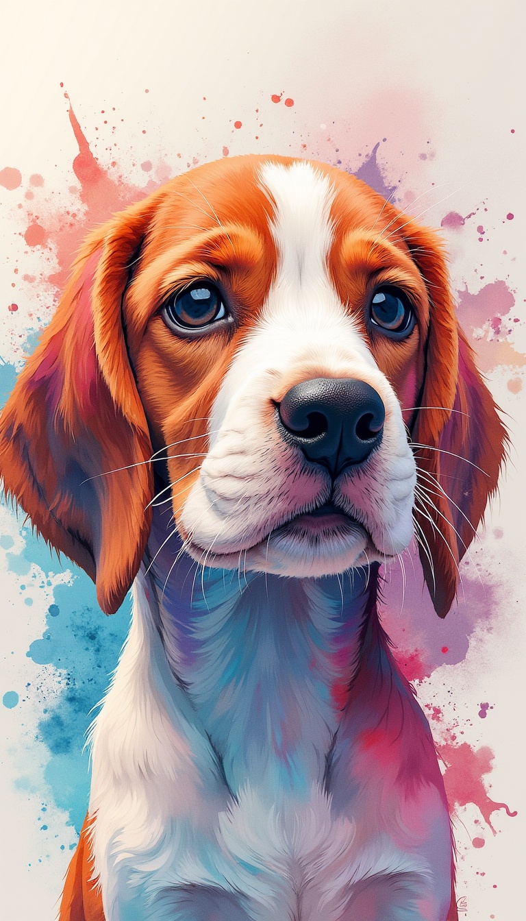 A mesmerizing,  close-up depiction of a beagle puppy gazing,  set against a vibrant watercolor background featuring vibran...