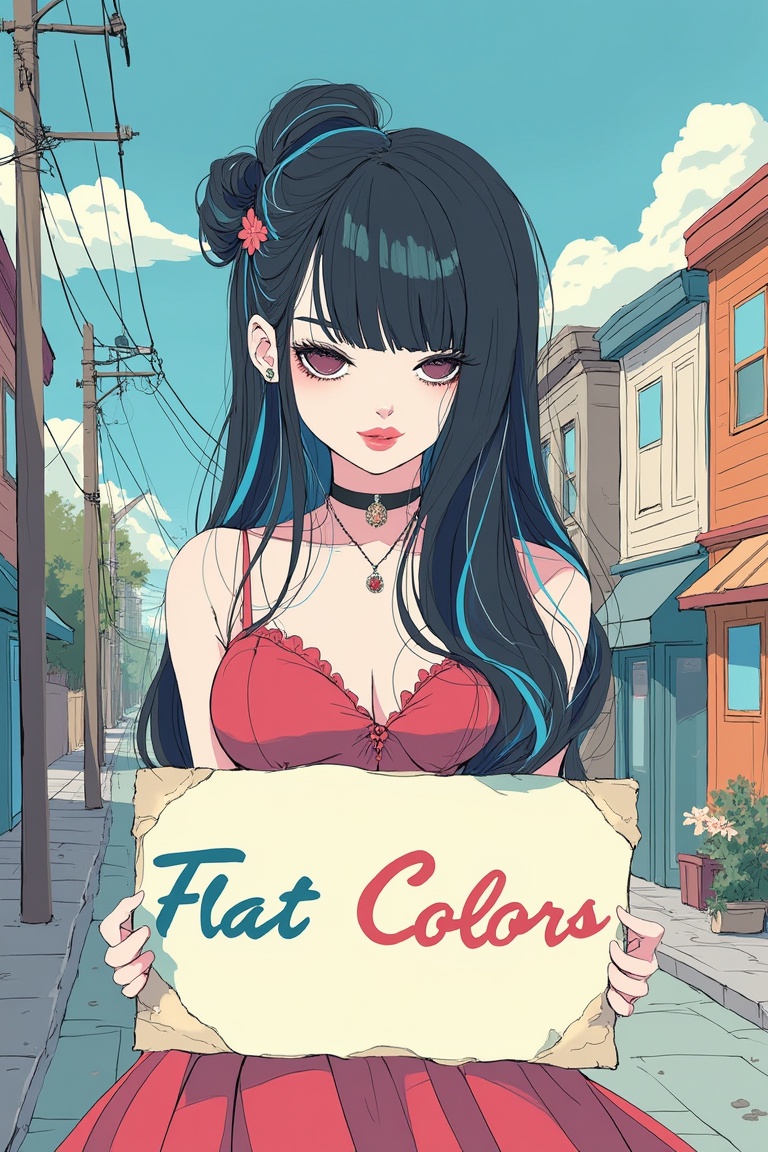 a chest up flat illustration portrait of a beautiful student model in expresssive intricate dress,  long black hair with b...