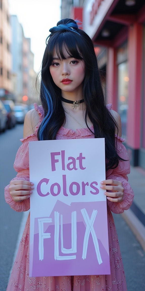 a chest up portrait of a beautiful student model in expresssive intricate dress,  long black hair with blue streak hair,...