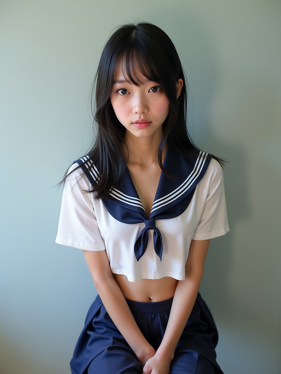 A half-body photo portrait of a Russian-Japanese **** model with long black hair and with natural light makeup,  , on Tens...