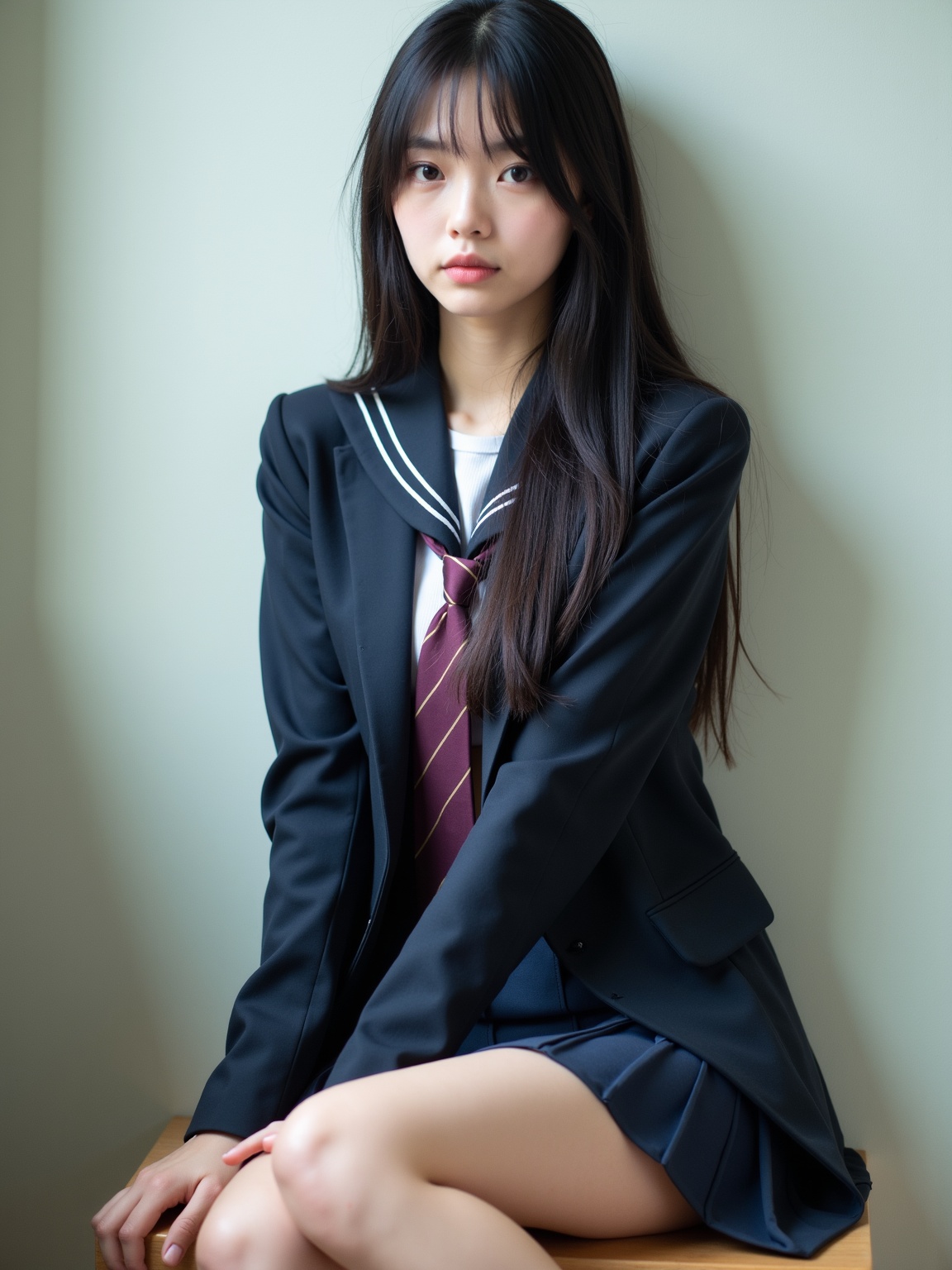 A half-body photo portrait of a Russian-Japanese **** model with long black hair and with natural light makeup,  , on Tens...