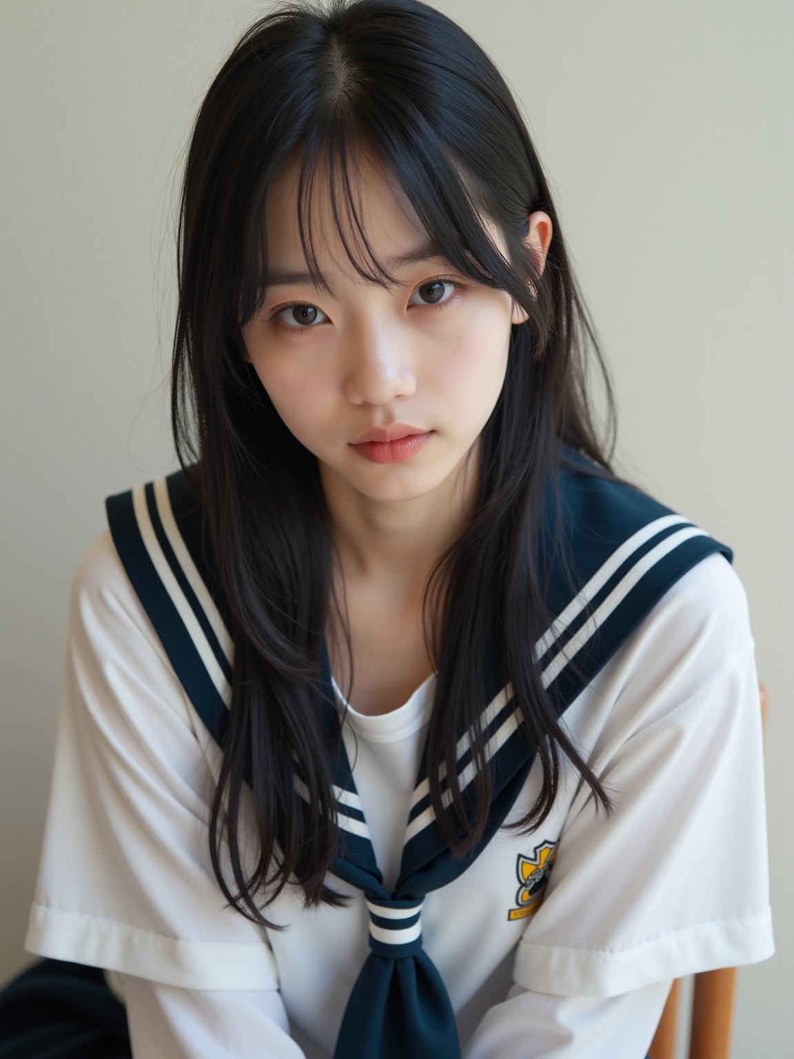 A half-body photo portrait of a Russian-Japanese **** model with long black hair and with natural light makeup,  , on Tens...