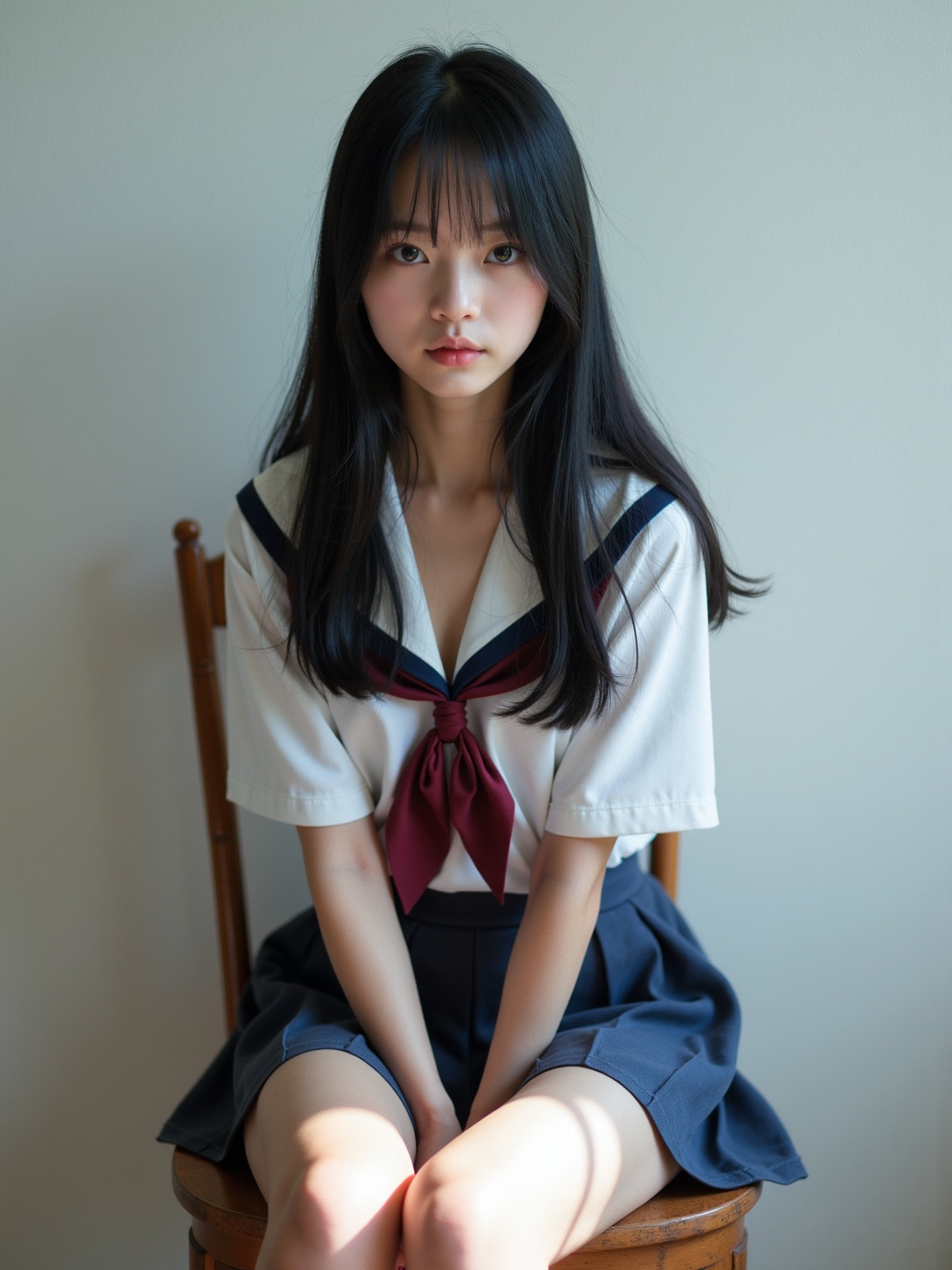 A half-body photo portrait of a Russian-Japanese **** model with long black hair and with natural light makeup,  , on Tens...