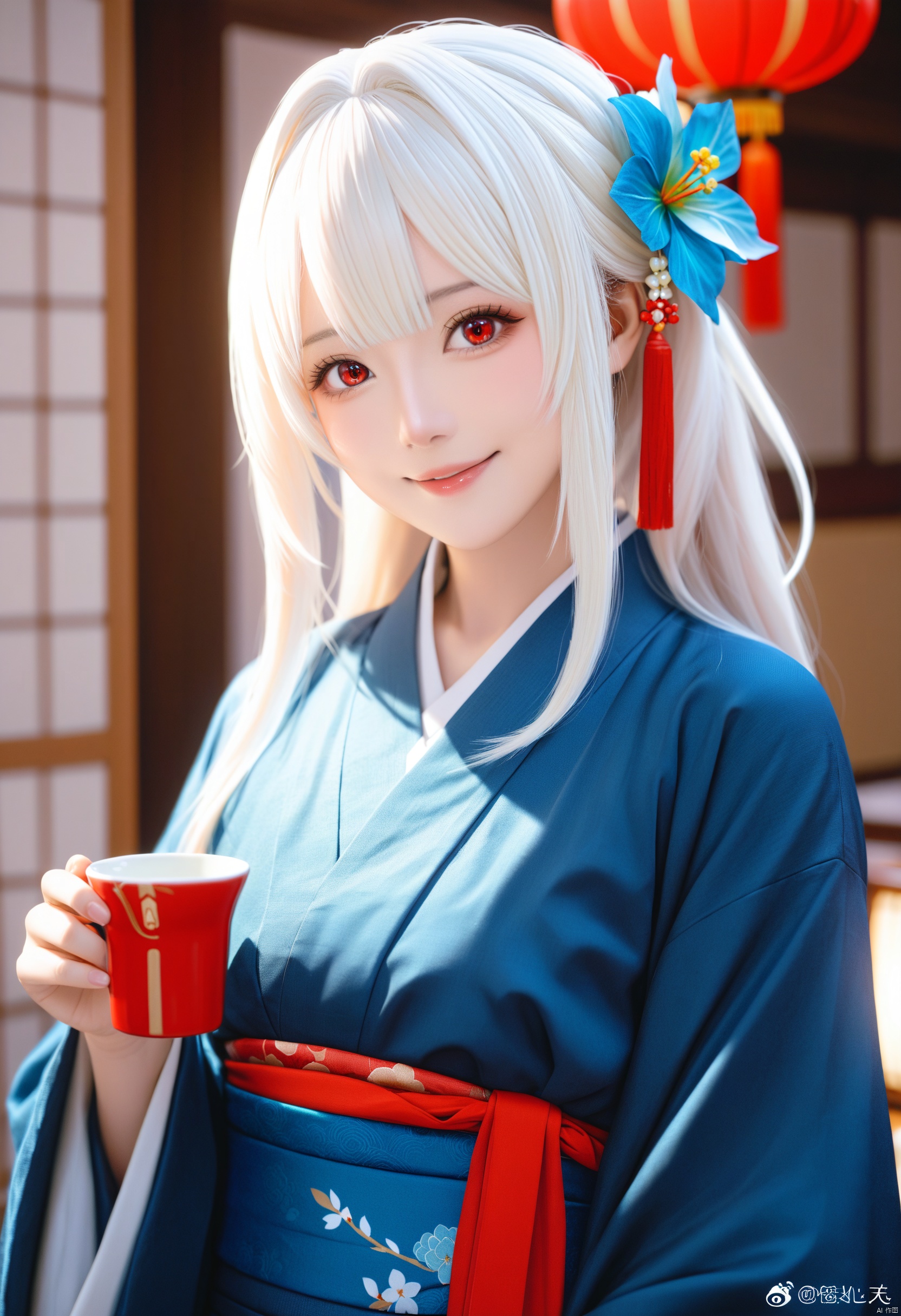 masterpiece,best quality,masterpiece,best quality, 
looking at viewer, 1girl, solo, long hair, looking at viewer, blush, smile, bangs, hair ornament, red eyes, long sleeves, holding, upper body, braid, flower, white hair, multicolored hair, parted lips, japanese clothes, virtual youtuber, signature, hair flower, wide sleeves, kimono, blurry, cup, streaked hair, head tilt, sash, blurry background, obi, red flower, holding cup, blue kimono,
BREAK fine fabric emphasis,best quality,masterpiece,best quality,amazing quality,very aesthetic,absurdres,best quality,amazing quality,very aesthetic,absurdres,Highly detailed,best quality,masterpiece,Highly detailed,
