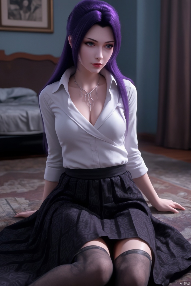  (masterpiece, best quality:1.4),finely detailed,YunYun, 1girl, solo, long hair, breasts, cleavage,white shirt,pleated skirt , jewelry, sitting, purple hair, necklace, Black silk thighhighs, tattoo, makeup, shoes,bedroom,sitting on the carpet,