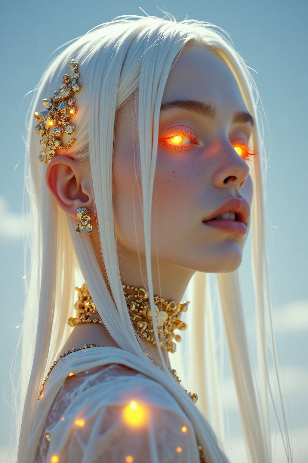 close,  albino woman with glowing eyes and hair in white gold jewelry,  light painting on Tensor.Art
