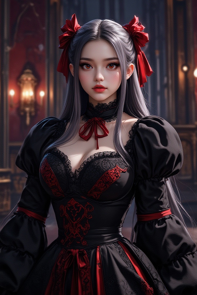 Create an anime-style illustration of a powerful female character inspired by Shalltear Bloodfallen. She has long,  dark s...