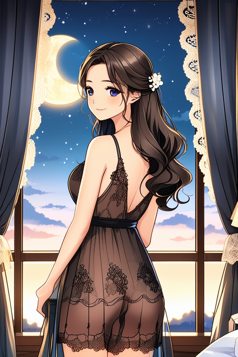 A seductive anime woman with dark,  wavy hair,  wearing a lacy nightgown on Tensor.Art