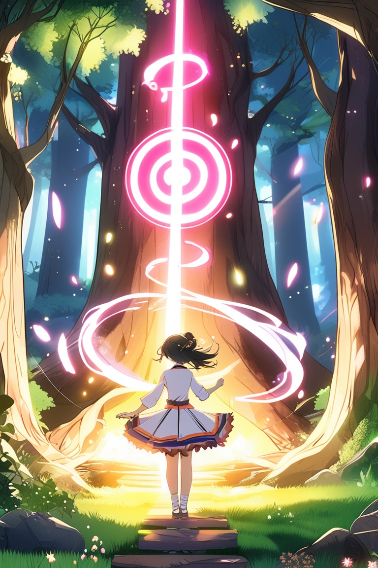 A fantasy anime scene featuring a magical girl casting a spell,  surrounded by glowing runes and sparkles,  determined exp...