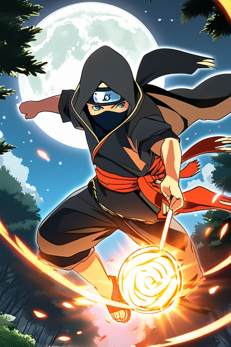 A dynamic anime action scene with a ninja leaping through the air,  throwing shuriken,  intense focus on his face. The bac...