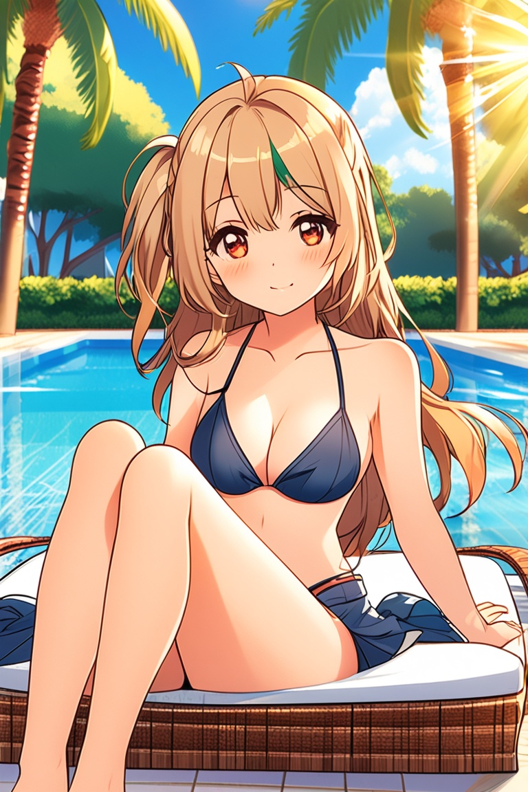 A sexy anime girl with bright,  playful eyes,  wearing a bikini on Tensor.Art