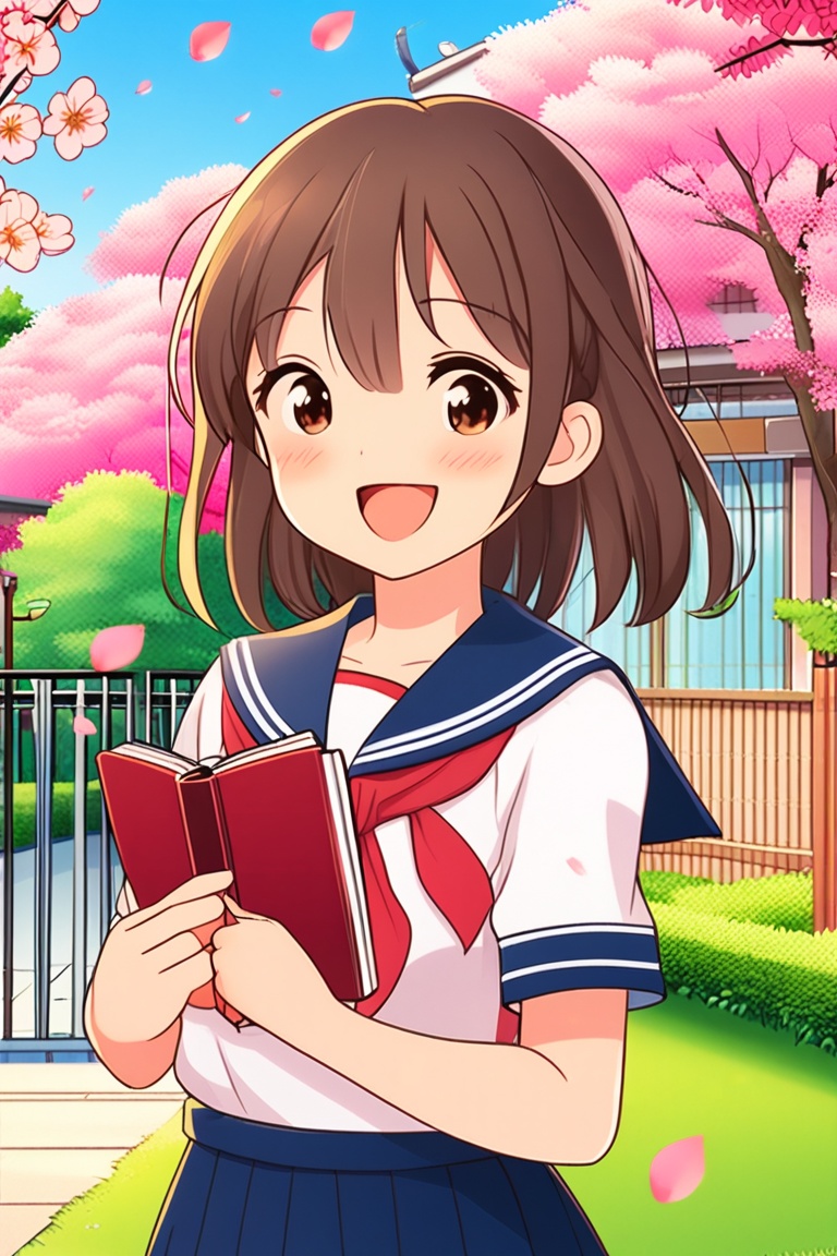 A cheerful anime girl in a school uniform,  holding a book and smiling brightly,  standing in front of a blooming cherry b...