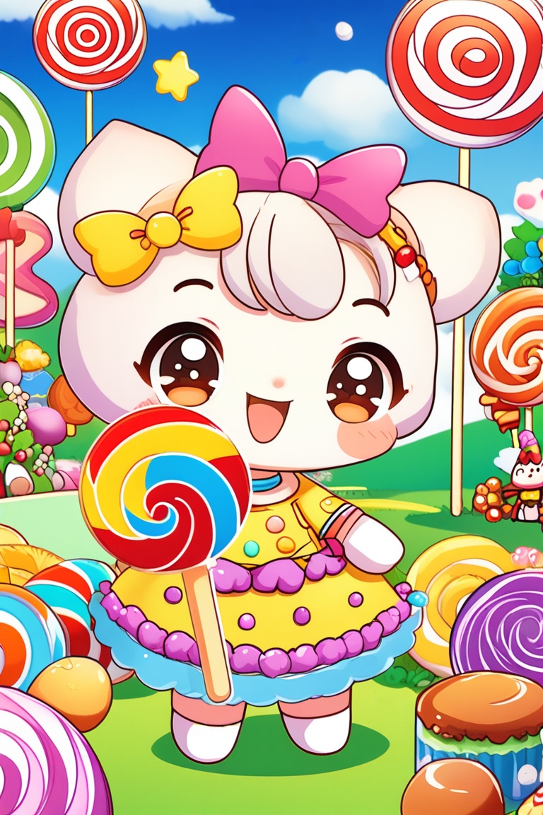 A cute anime chibi character with big eyes and a happy smile,  wearing a colorful costume and holding a large lollipop,  s...