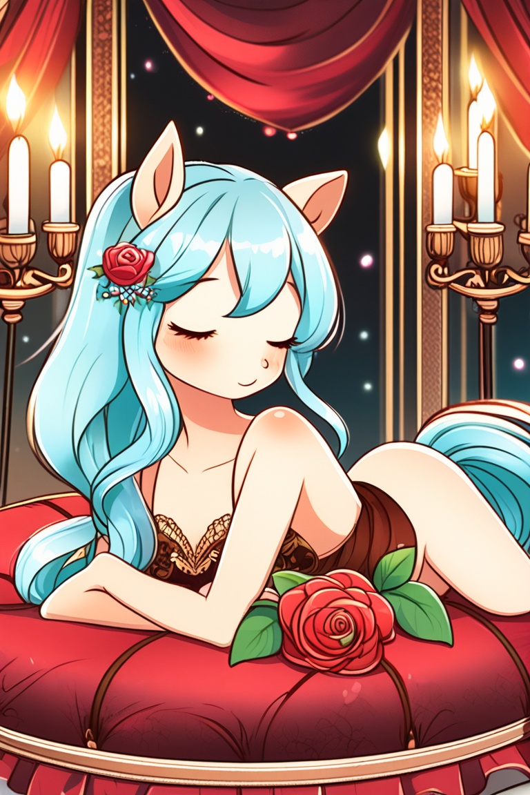 A sultry anime pony with a shimmering mane,  lounging on a bed of roses,  her eyes half-closed in a dreamy expression. The...