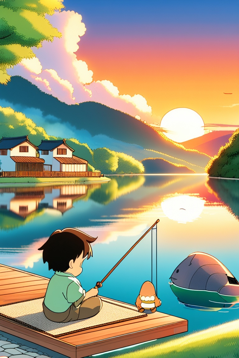 A serene anime landscape of a peaceful village by a lake at sunset,  with a young boy fishing from a pier,  calm and conte...