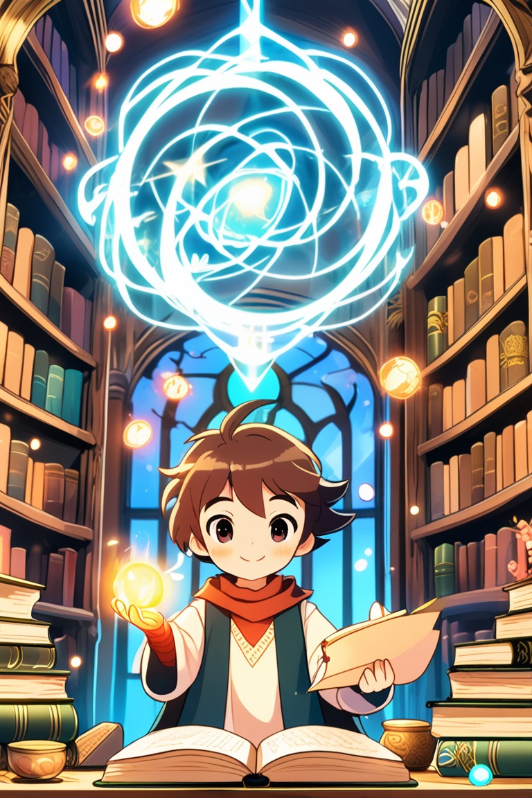 A magical anime scene of a young wizard casting a spell,  surrounded by glowing orbs and mystical symbols,  focused expres...