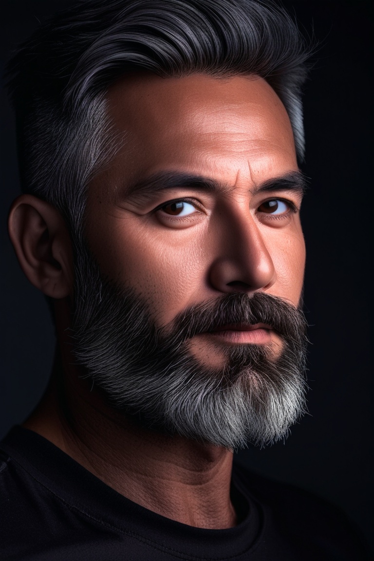 A detailed portrait of a middle-aged man with a salt-and-pepper beard, serious expression, captured in profile, under soft studio lighting. Background is a gradient from dark to light gray, focusing all attention on the subject. HD realism, fine skin textures, Hasselblad H6D, chiaroscuro technique, natural colors, impeccable detail