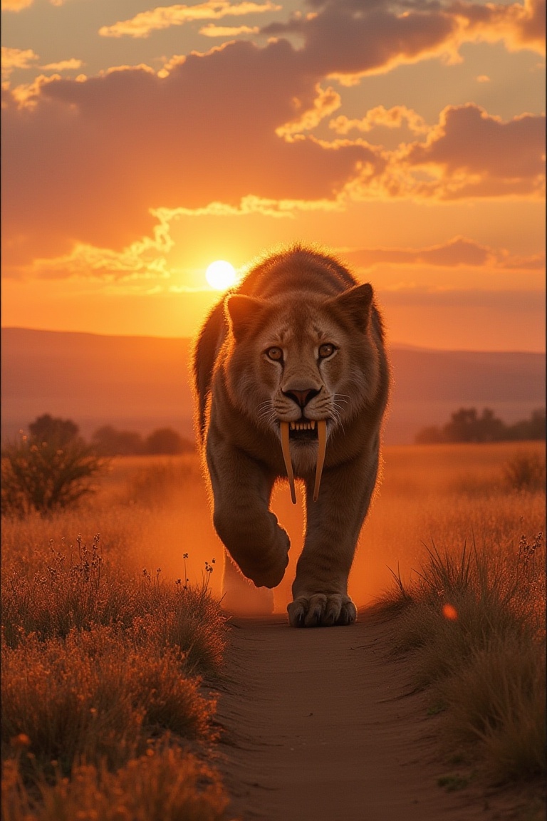 smilodon,  long upper fangs,  walking towards viewer on Tensor.Art