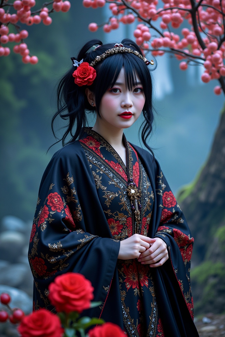 A professional photography of a gothic geisha with whimsical elements,  surrounded by an magical and eerie fairytale lands...