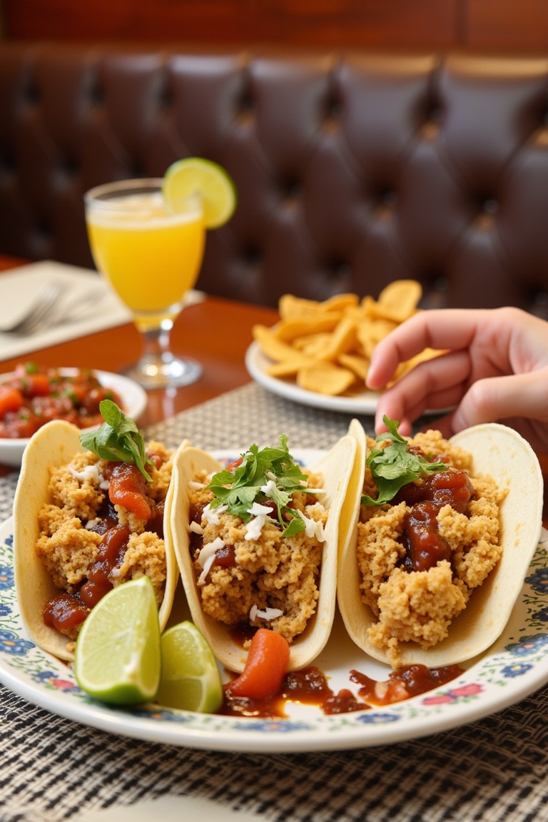 Tacos on a table at a Mexican restaurant. Margarita,  nachos,  salsa all on the table. on Tensor.Art