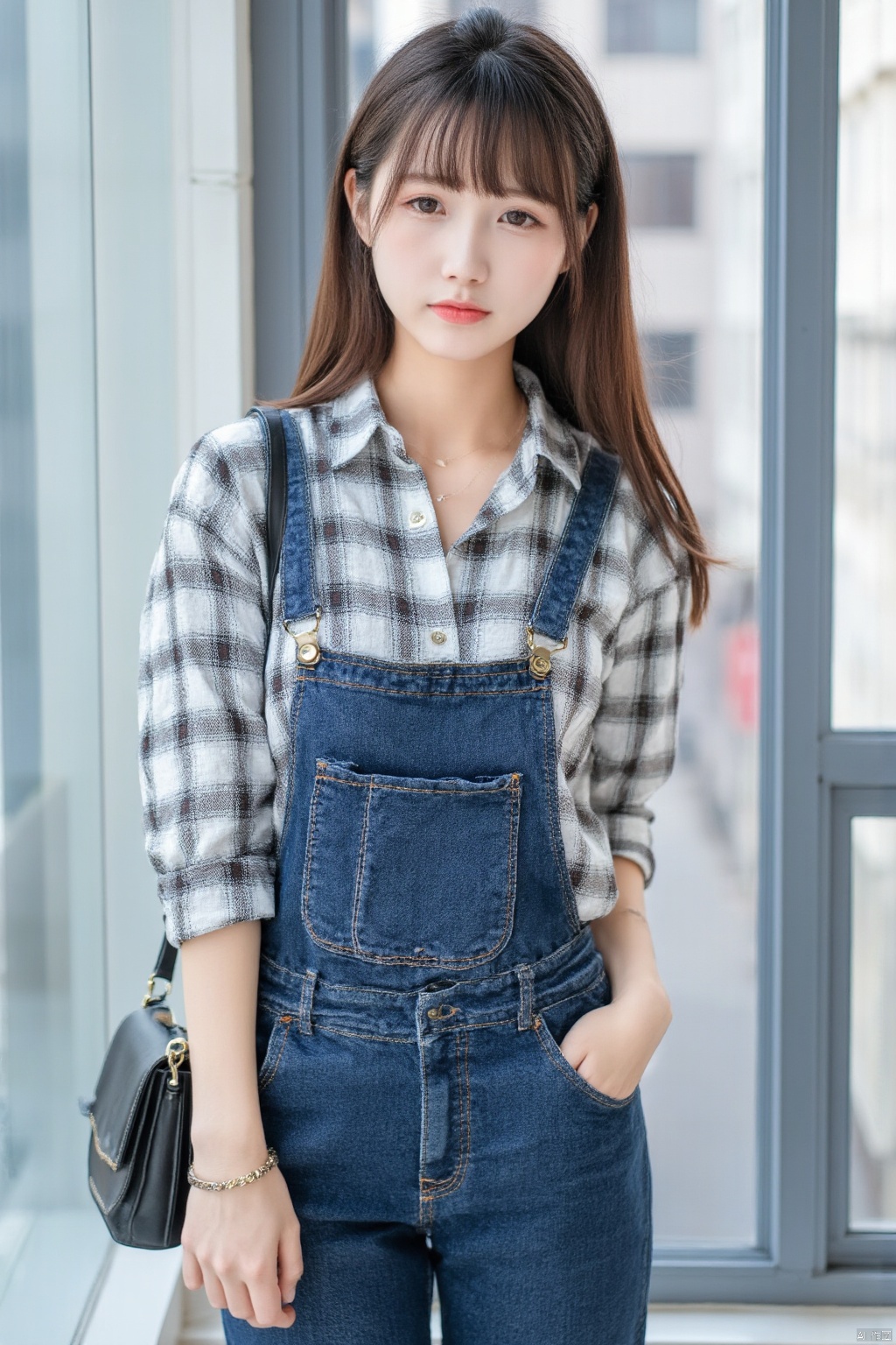 The image shows a woman wearing a plaid shirt and denim overalls, holding a black bag in her hand, standing in front of a glass window with a building visible in the background.