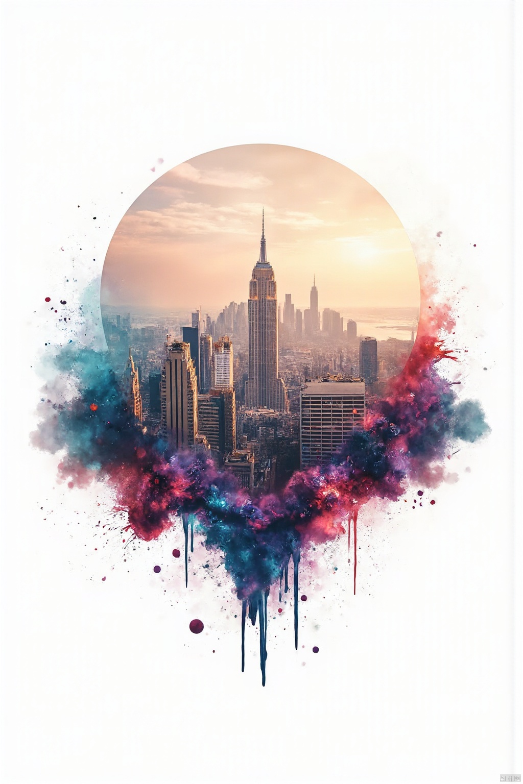 In the center of a plain, white background, a vibrant wallpaper art masterpiece showcases the stunning scene of The City of Awe. Dense, with its iconic skyline, is depicted in the style of this unique and captivating composition. 