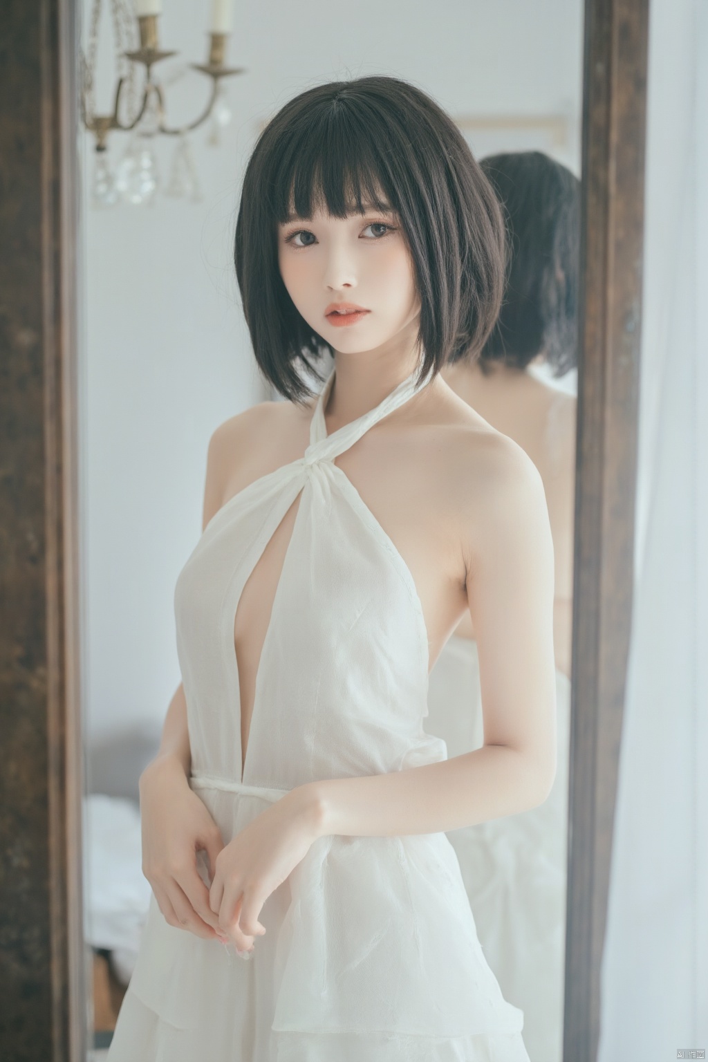 The image is a portrait of a young woman standing in front of a mirror. She is wearing a white wedding dress with a halter neckline and a deep V-neckline. The dress is made of a sheer fabric and has a flowy skirt that falls to the floor. The woman has shoulder-length dark hair styled in a bob with bangs and is looking directly at the camera with a serious expression. The background is blurred, but it appears to be a room with white walls and a chandelier hanging from the ceiling. The overall mood of the image is elegant and romantic.