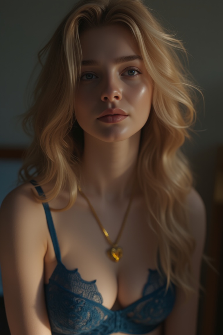 18 years old, (high definition), (cinematic) photo of girl in bedroom, high contrast, soft light, cute, petite, slender, Australian, (huge sagging breasts), petite toned body, (Wearing blue lace bra and gold heart locket necklace:1.4), Long blonde wavy hair, Big blue eyes, Highly detailed eyes, Highly detailed face, Highly detailed body, eyes open, Jewelry, (real skin, textured skin, intricately detailed eyes, perfect lips), (skin textures), (intricately detailed eyes:1.4), narrow hips, slim body, (subsurface scattering), (dim cozy lighting), warm rich dark color palette