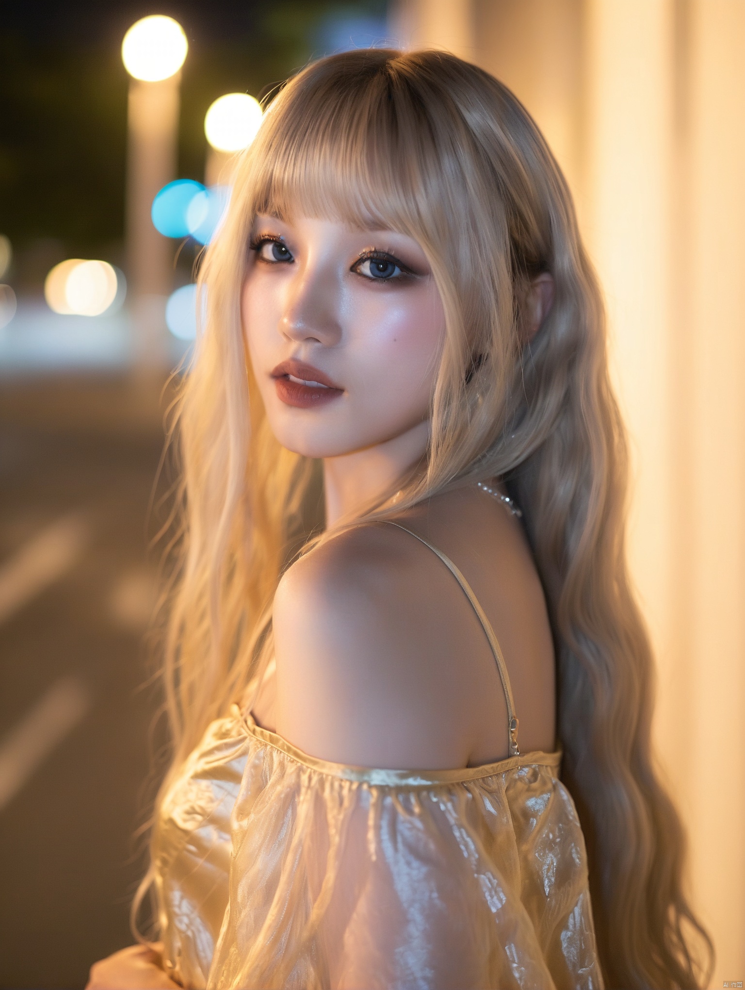 一个留着铂金色长发的中国女生,晚上,看向镜头,光,烟熏妆,穿着丝绸质感的半透明金色露肩礼服长裙,上半身,使用200mm镜头,f2.0光圈拍摄,冷艳,高冷,冰冷,｛身体正面朝向镜头｝,中胸