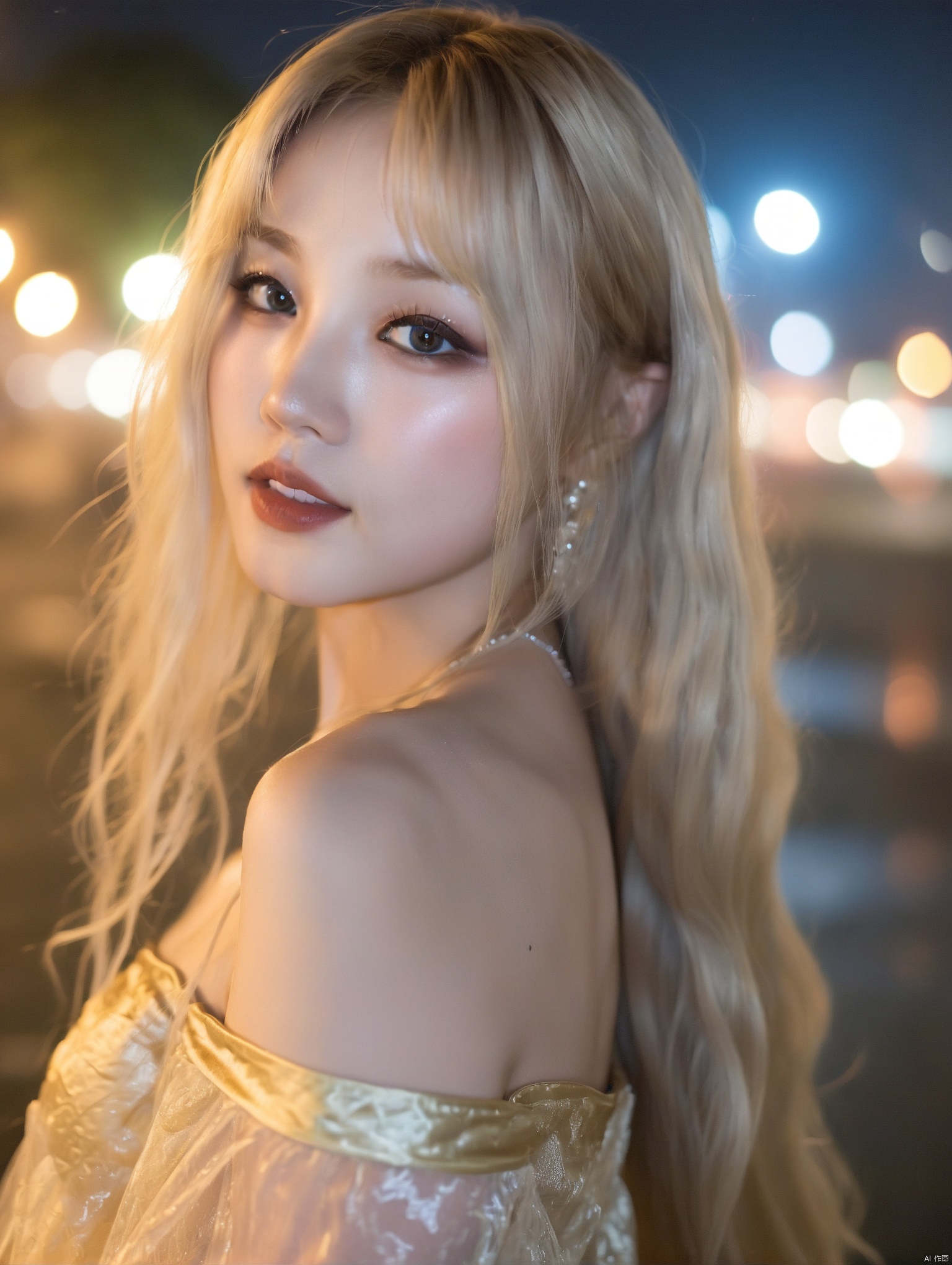 一个留着铂金色长发的中国女生,晚上,看向镜头,光,烟熏妆,穿着丝绸质感的半透明金色露肩礼服长裙,回眸一笑百媚生,上半身,使用200mm镜头,f2.0光圈拍摄,冷艳,高冷,冰冷,｛身体正面朝向镜头｝,中胸