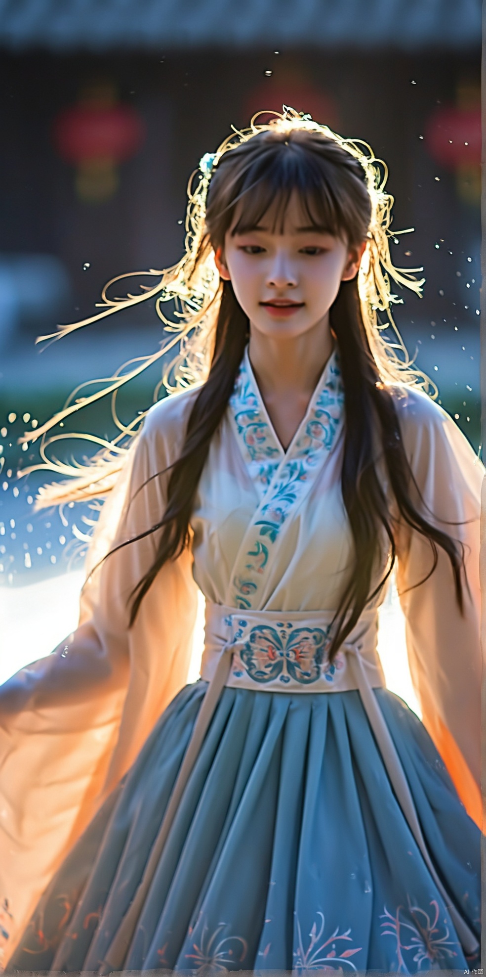 一个穿着汉服正在跳舞的16岁淡妆女生,雾气,丁达尔效应,长发飘飘