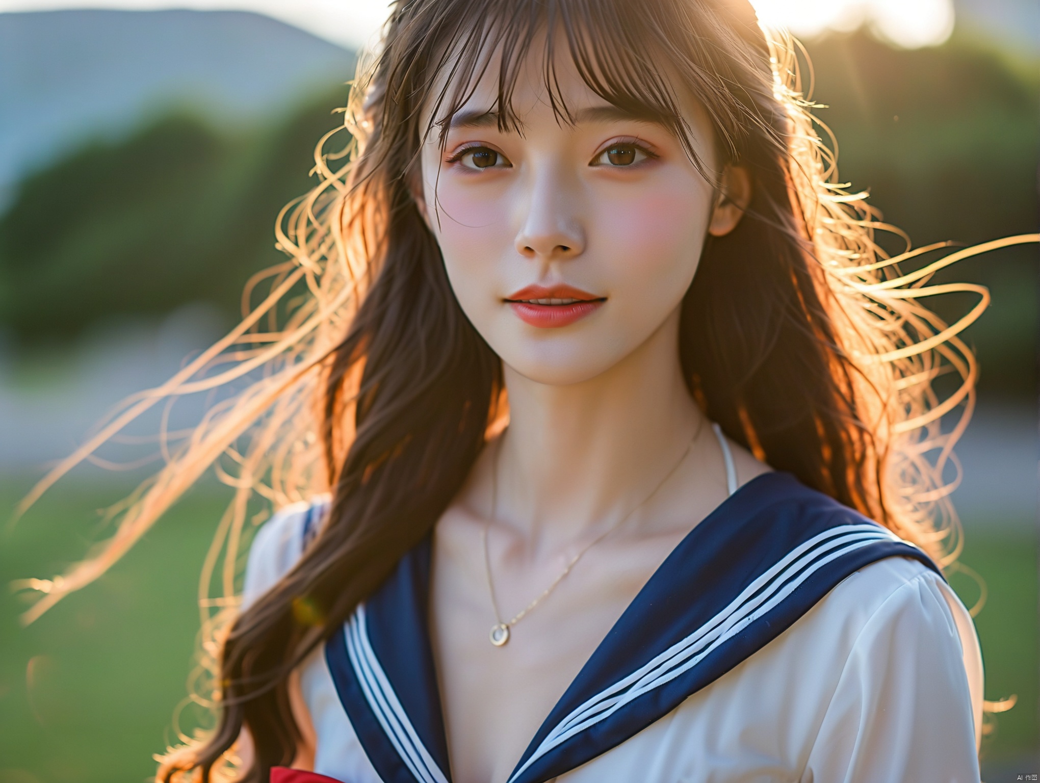 一个穿着水手服比基尼的16岁浓妆中国女生,丁达尔效应,长发飘飘,精致的眼睛,可爱,清纯,看向镜头,使用300mm镜头和f2.0光圈拍摄,紧身衣,上半身,闭嘴笑,完美身材
